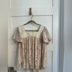 Free People Blush Pink Lace Puff Sleeve Peasant Top